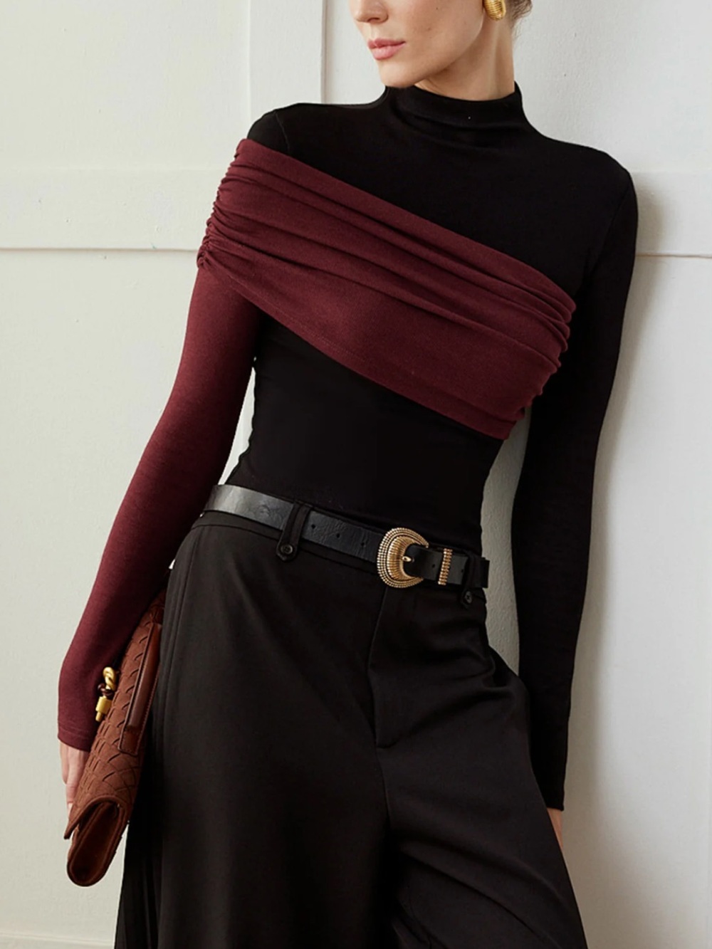 Commense Color Block Pleated Jersey Slim Top Size XS NWT